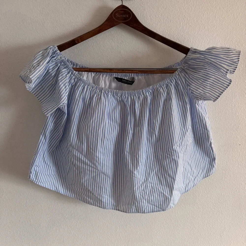 Zara Basics Collection Cropped Top Blue & White Striped Size Sm Nautical Beachy